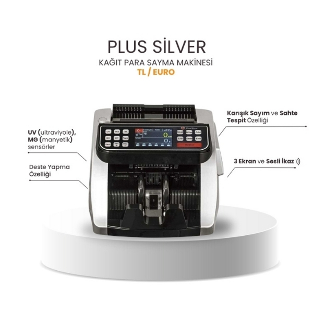 Plus Silver TL / EURO Kağıt Para Sayma Makinesi – Gri / Siyah