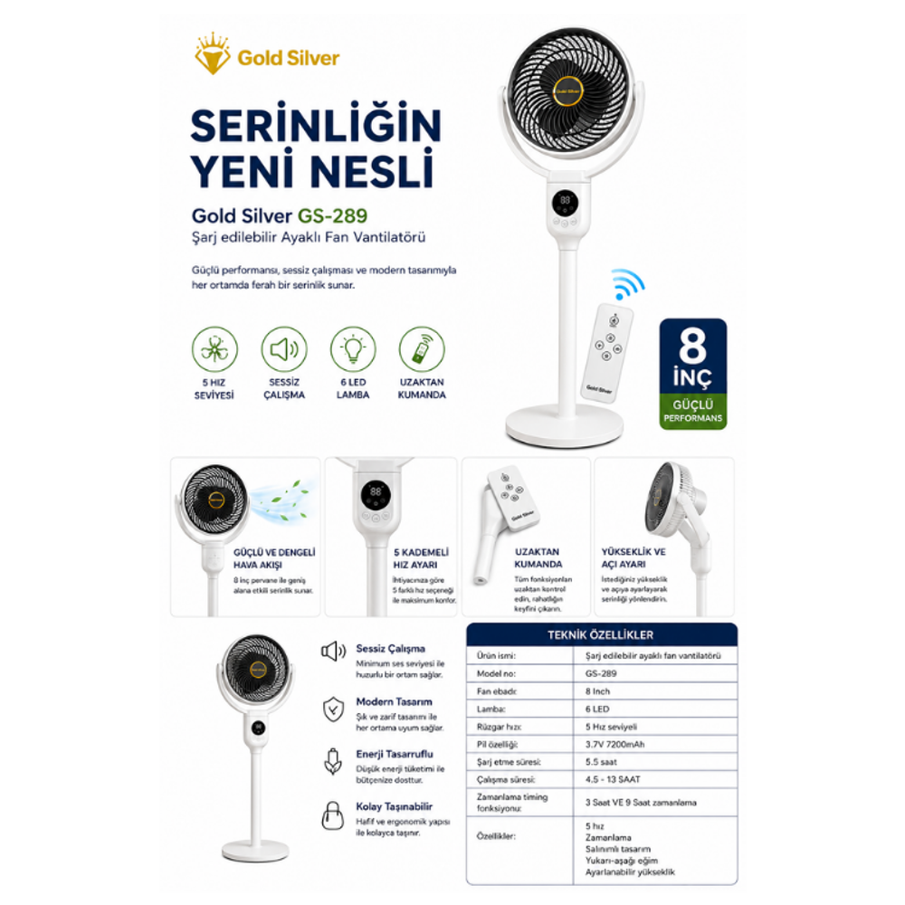 Gold Silver Şarj edilebilir Ayaklı Fan Vantilatörü